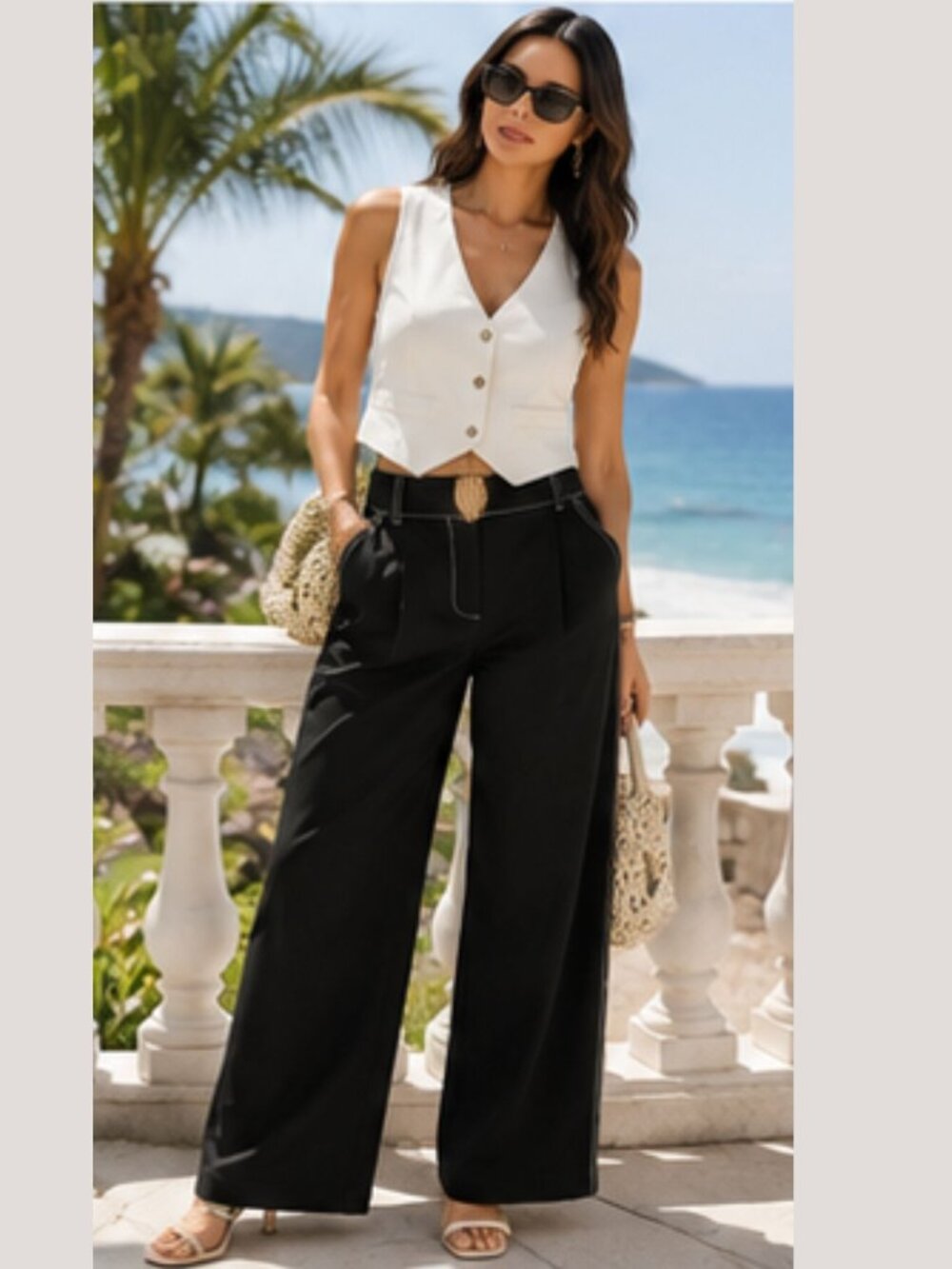 Rent the Runway Jonathan Simkhai Wide Leg Contrast Stitch Pants Size Large - Picture 6 of 6
